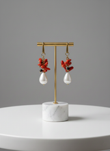 Load image into Gallery viewer, Bamboo Coral Earrings Cluster Rainbow Pearls - Black Tourmaline Gold Steel