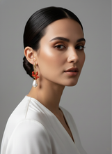 Load image into Gallery viewer, Bamboo Coral Earrings Cluster Rainbow Pearls - Black Tourmaline Gold Steel
