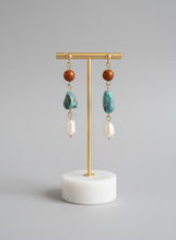 Load image into Gallery viewer, Turquoise Raw Earrings Red Jasper River Pearls - Handmade Gold-Plated Steel
