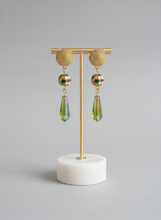 Load image into Gallery viewer, Cloisonné Pearl Drop Earrings with Green Crystals
