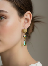 Load image into Gallery viewer, Cloisonné Pearl Drop Earrings with Green Crystals
